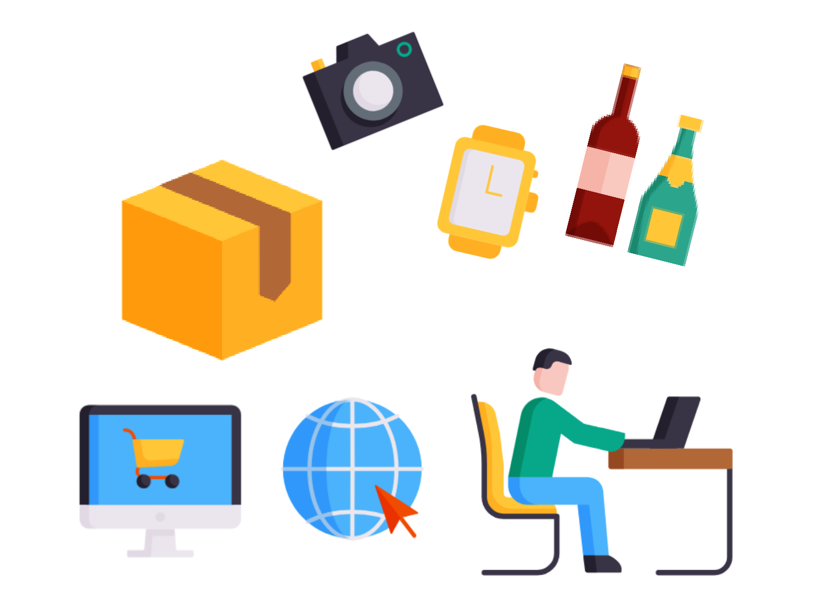 リユース品、インターネット、出品代行のイラスト