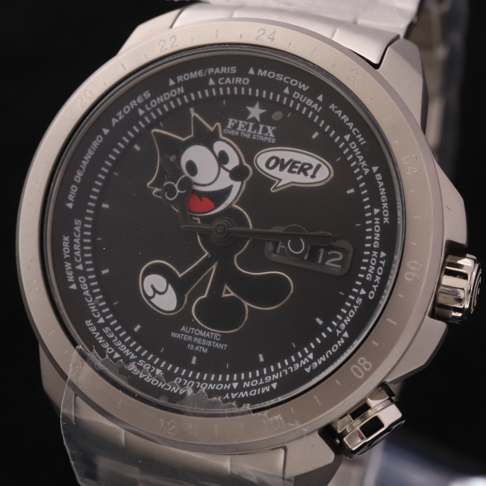 ナノユニバース × オーバーザストライプス × FELIX 腕時計 メカニカル 重量約177g メンズ シルバー 文字盤黒