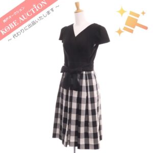 エムズグレイシー チェックワンピース ウエストリボン 半袖 40 ブラック タグ付き