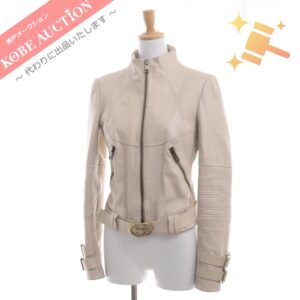グッチ レザージャケット 羊革 ベルト GGロゴ レディース 40 ピンクベージュ